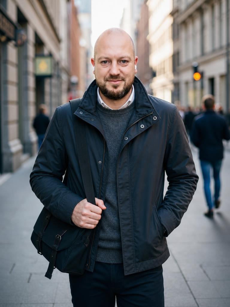 Julien Lepetit walking along a city street wearing earphones