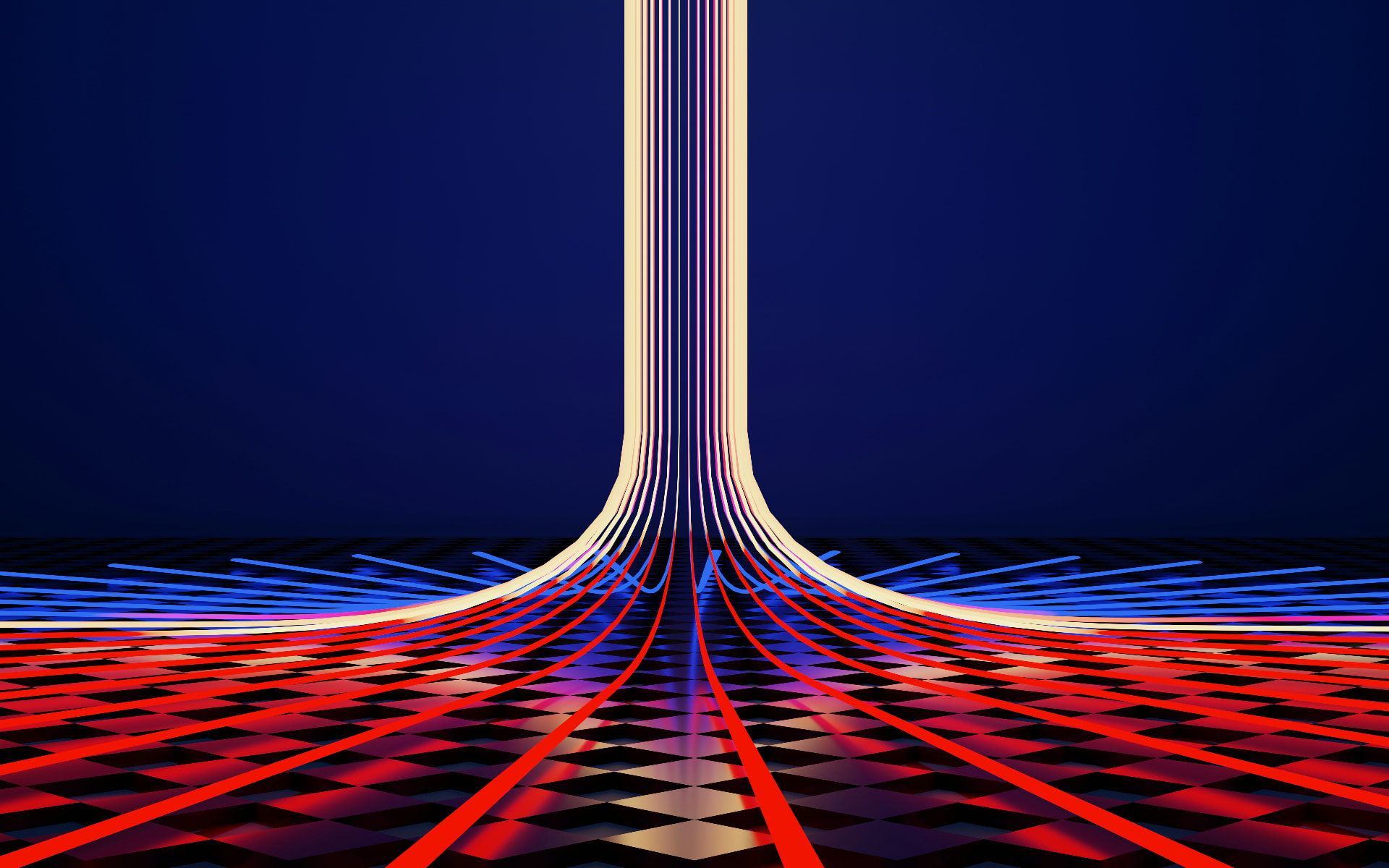 Glowing red, blue and cream light trails rising upward from a dark checkered grid