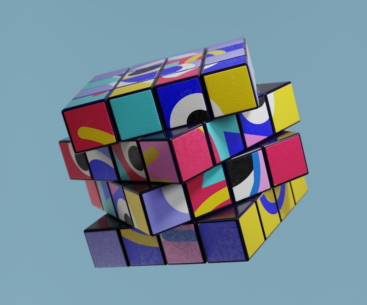 A 3D puzzle cube with twisted layers, its facelets covered in colourful pop-art patterns and stylised eye graphics in yellow, blue, magenta, teal and purple, floating against a plain slate-blue background