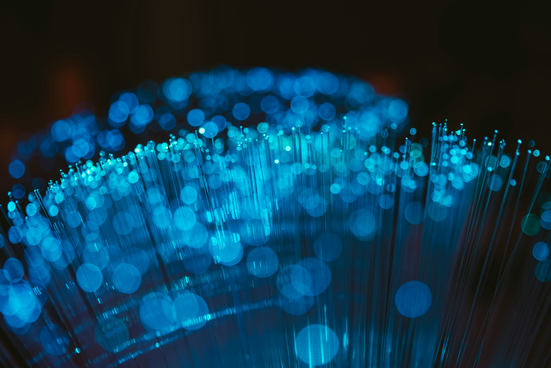 Close-up of glowing blue fibre optic strands against a dark background