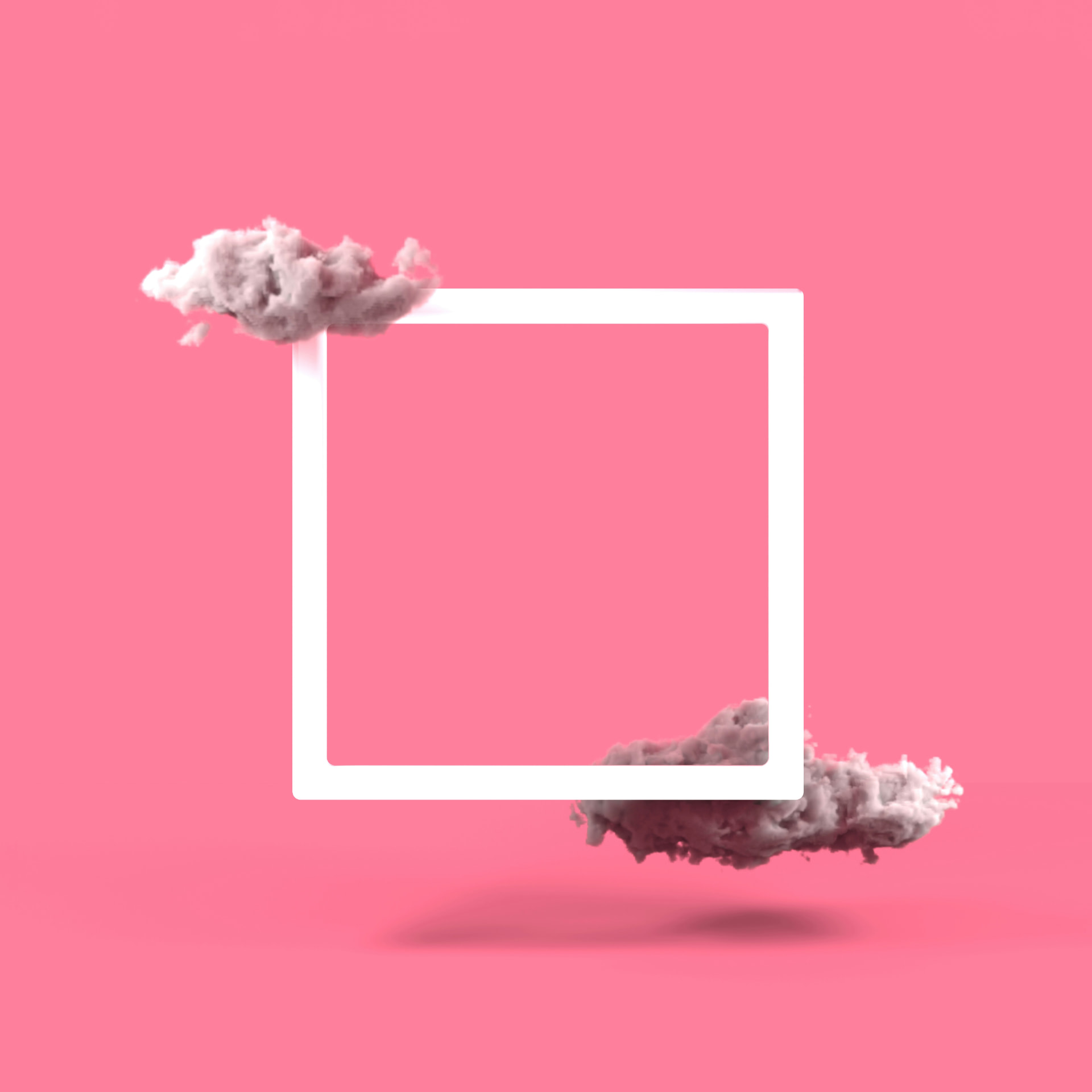 A white square picture frame floating on a pink background, with two soft grey clouds: one drifting past its top-left corner, one resting below it