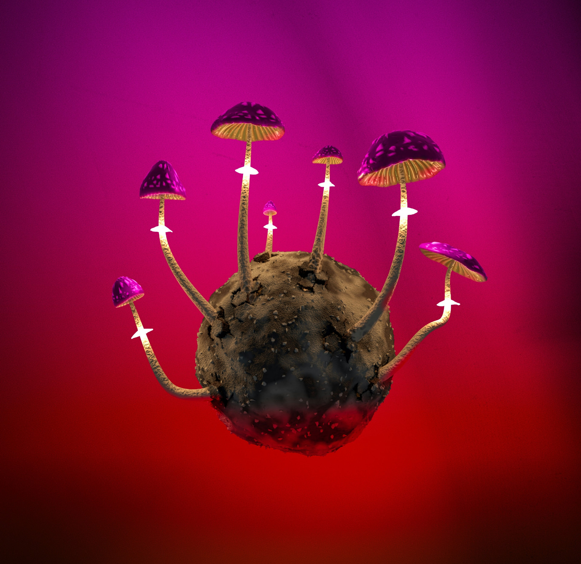 A sphere of earth sprouting glowing purple-capped mushrooms against a magenta gradient
