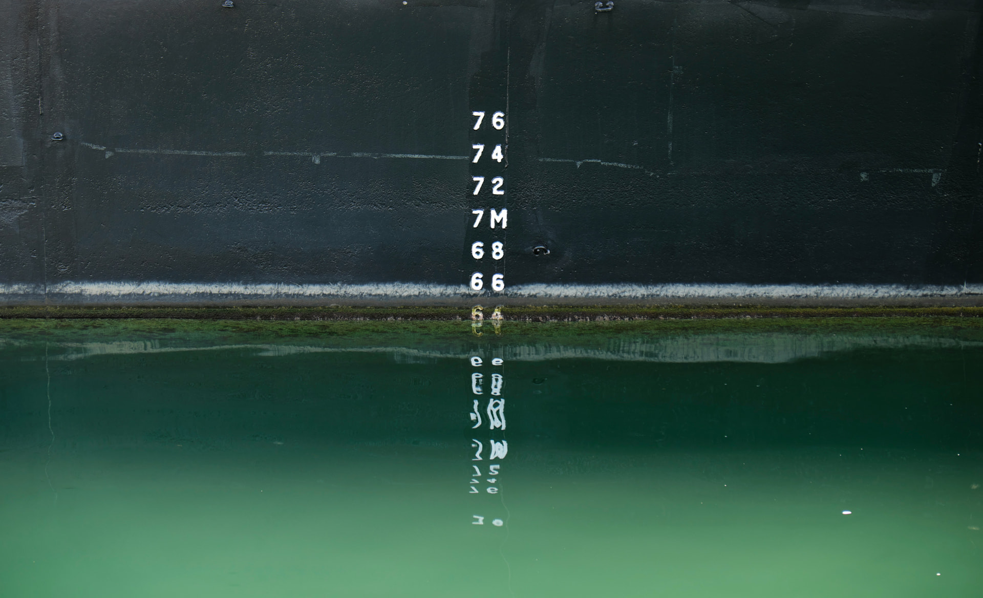 White painted draft-scale numbers running down a dark ship hull to a mossy waterline, with green water below